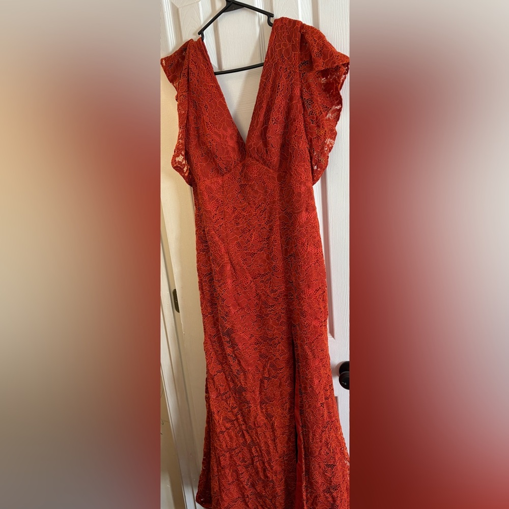 JJs House Vibrant Red Lace Midi Dress